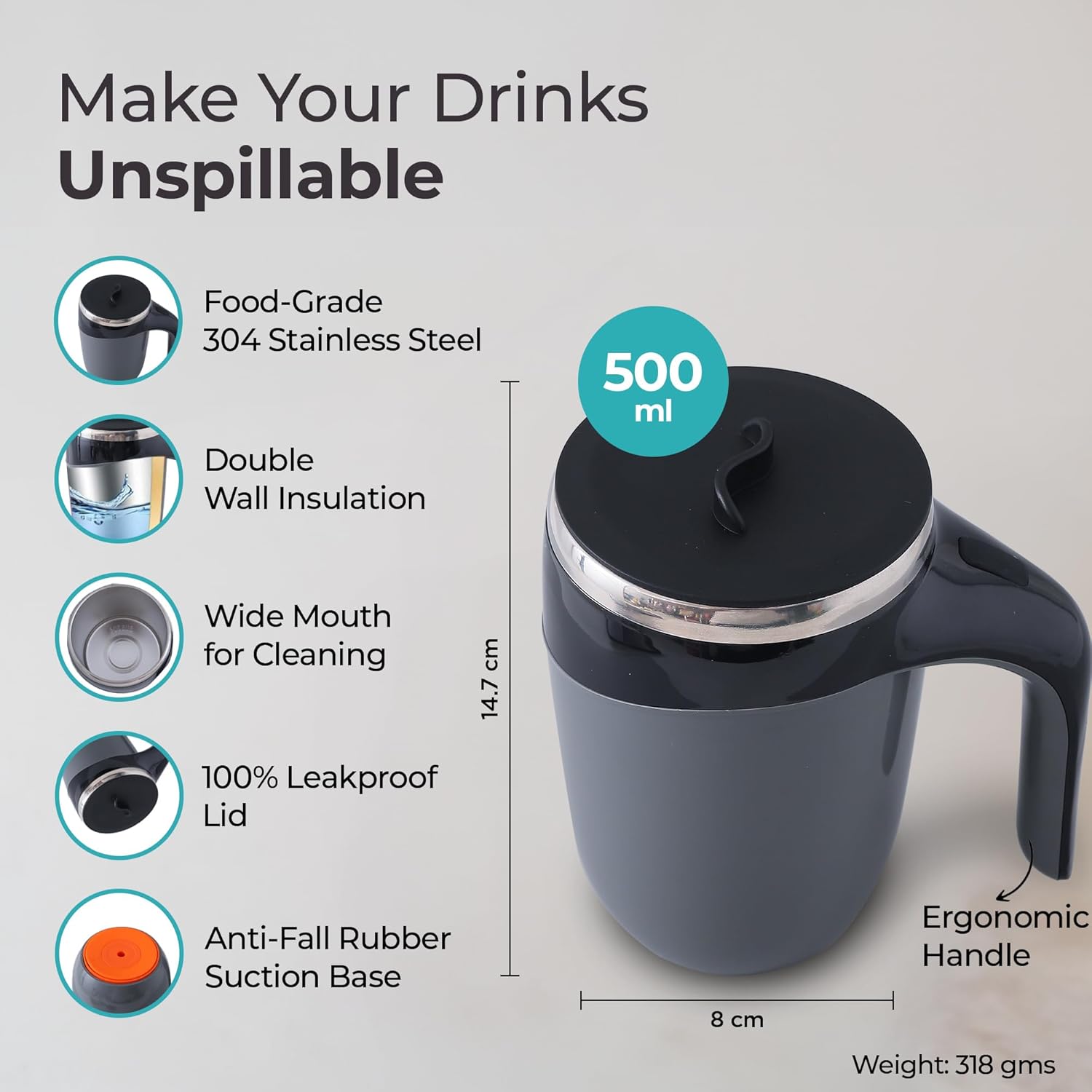 ZYOZ  Anti Fall Tumbler Stainless Steel with Lid & Handle (500ml) | Doubled Walled Insulated Coffee Mug| Diwali Gift for Friends & Family | Insulated Coffee Tumbler for Home | Black-Grey
