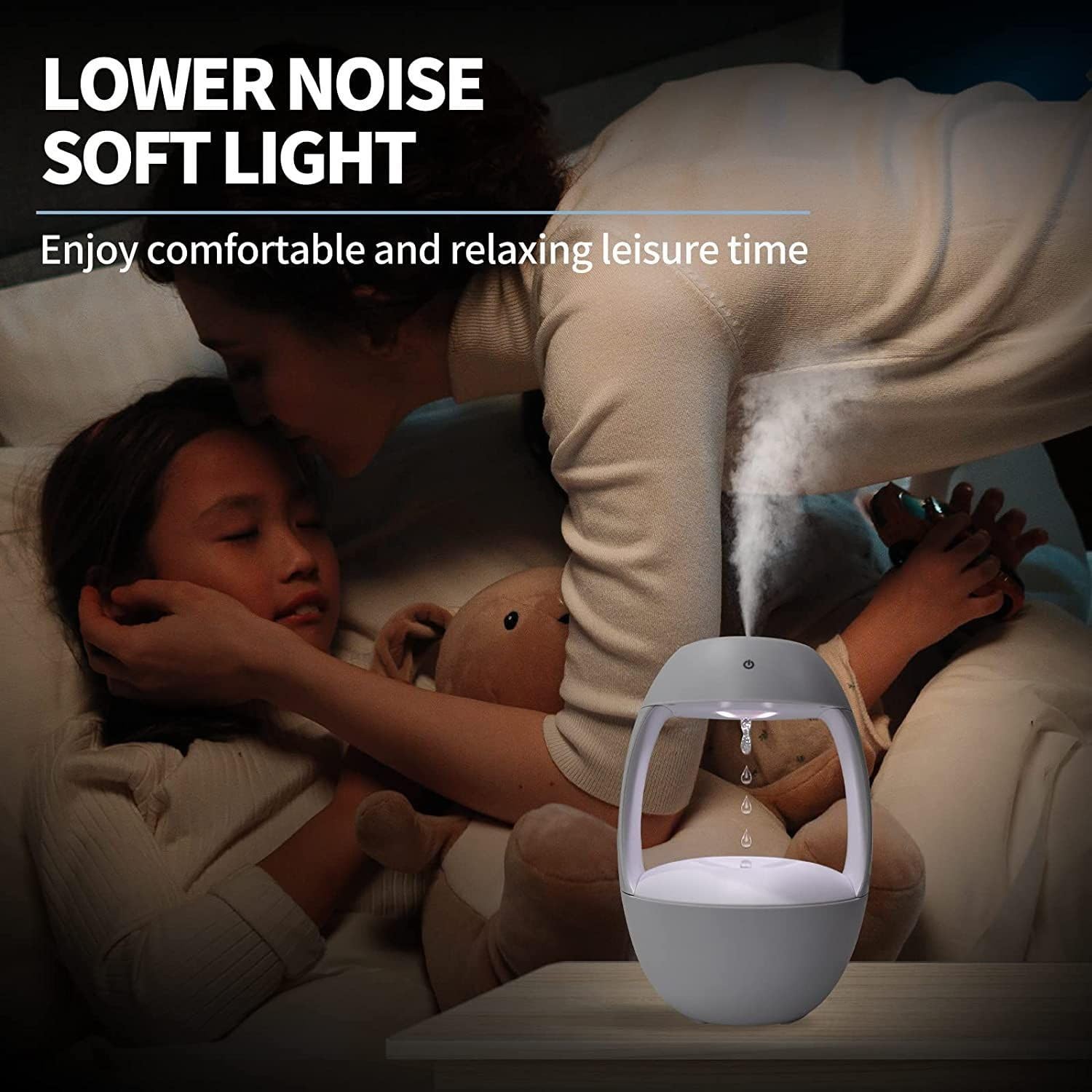 Cool Mist Anti-Gravity Water Drop Air Humidifier Desktop Aroma Diffuser with 2 Modes, Intelligent Auto-Off Protection, Night Light, Clock, USB Powered, Ideal for Bedroom, Office, Birthday Gift