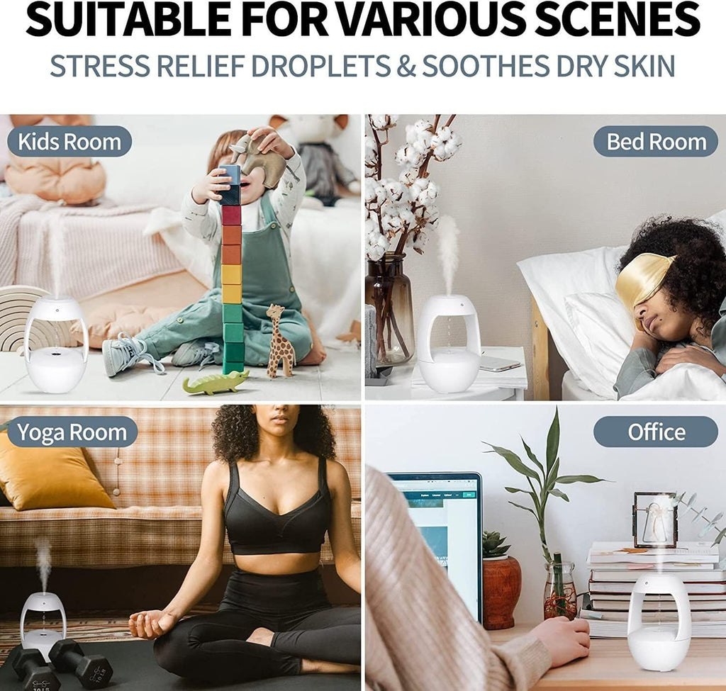 Cool Mist Anti-Gravity Water Drop Air Humidifier Desktop Aroma Diffuser with 2 Modes, Intelligent Auto-Off Protection, Night Light, Clock, USB Powered, Ideal for Bedroom, Office, Birthday Gift