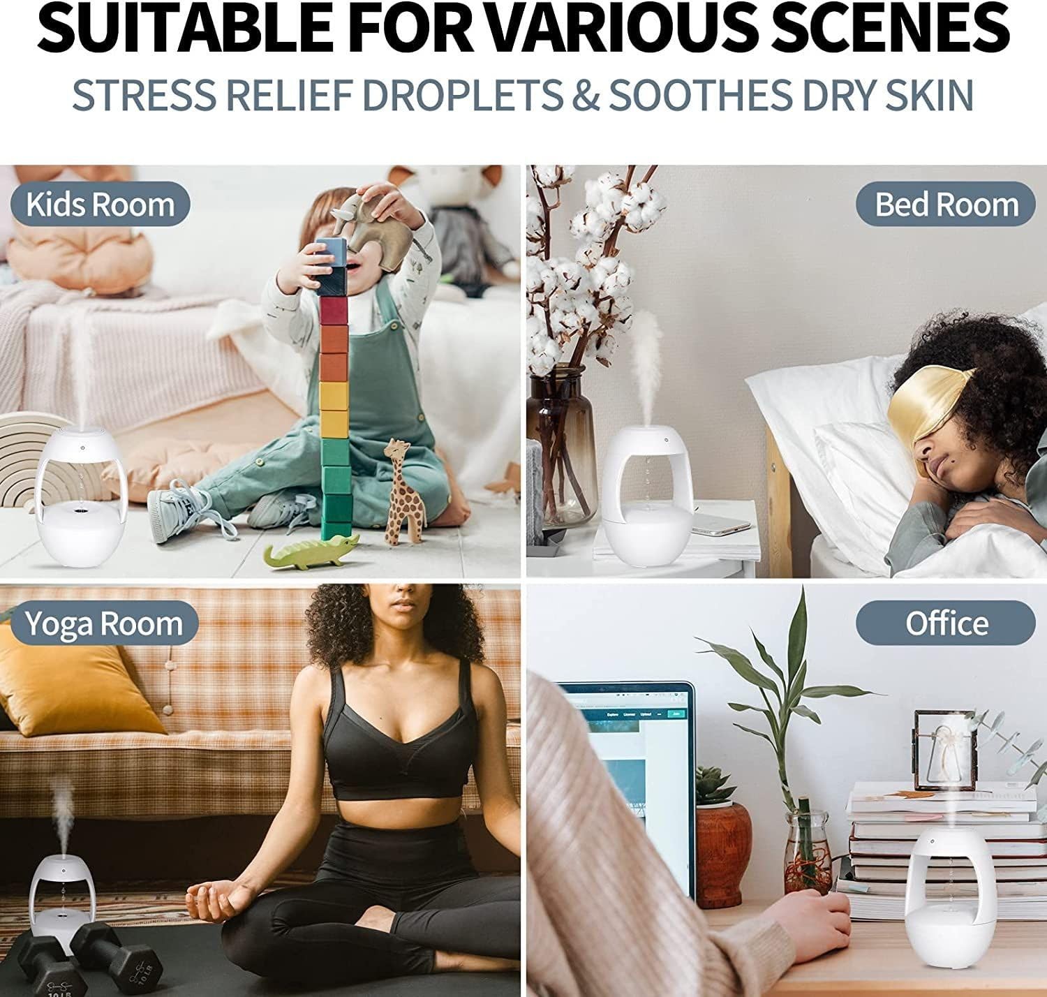 Cool Mist Anti-Gravity Water Drop Air Humidifier Desktop Aroma Diffuser with 2 Modes, Intelligent Auto-Off Protection, Night Light, Clock, USB Powered, Ideal for Bedroom, Office, Birthday Gift