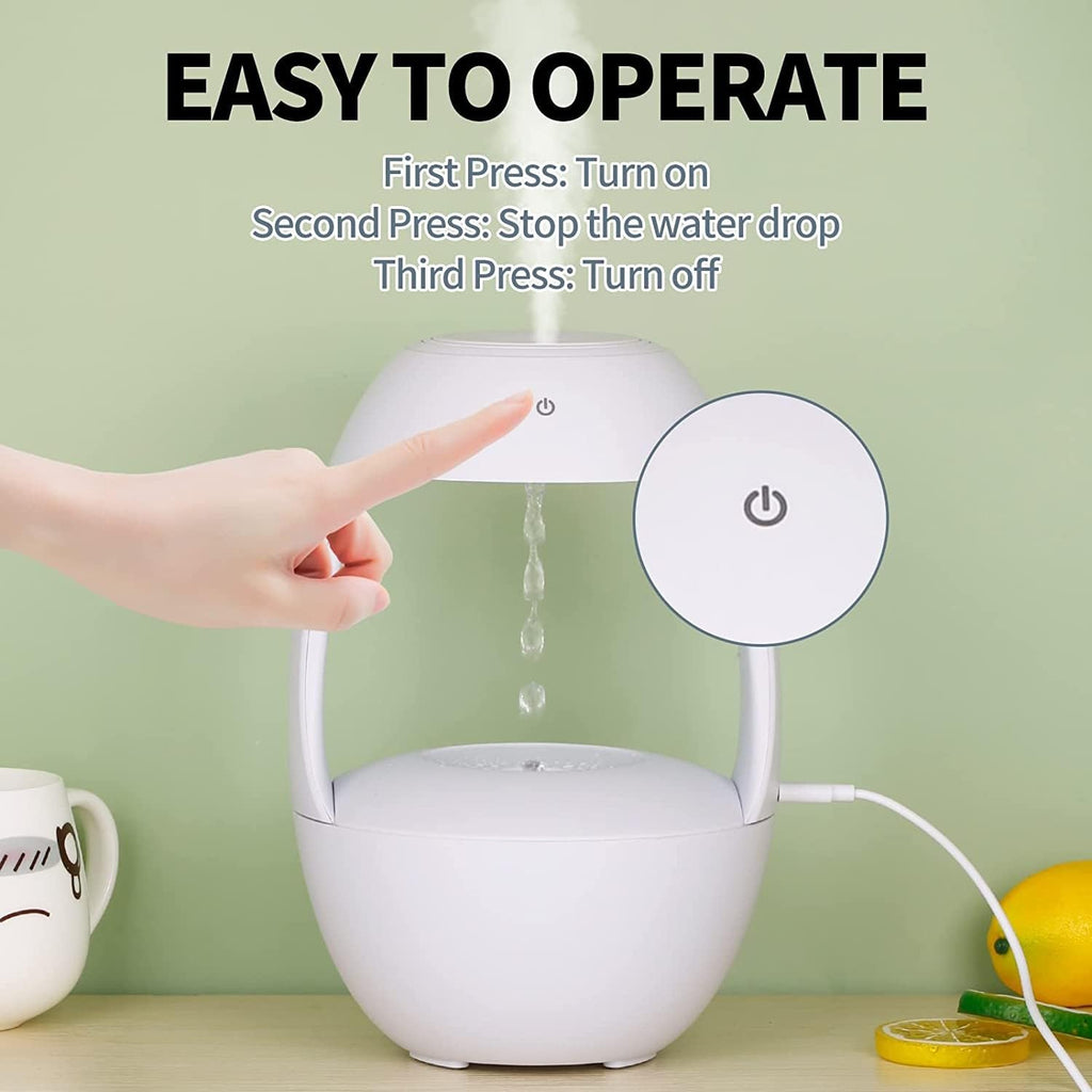 Cool Mist Anti-Gravity Water Drop Air Humidifier Desktop Aroma Diffuser with 2 Modes, Intelligent Auto-Off Protection, Night Light, Clock, USB Powered, Ideal for Bedroom, Office, Birthday Gift