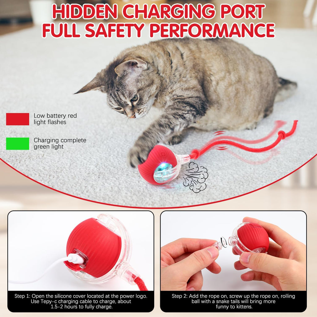 Interactive Electric Automatic Rolling Moving Rechargeable Self Play Stimulation Toy for Cats and Small Dogs - Smart Pet Chase Ball with Speedy Tail Rope for Indoor