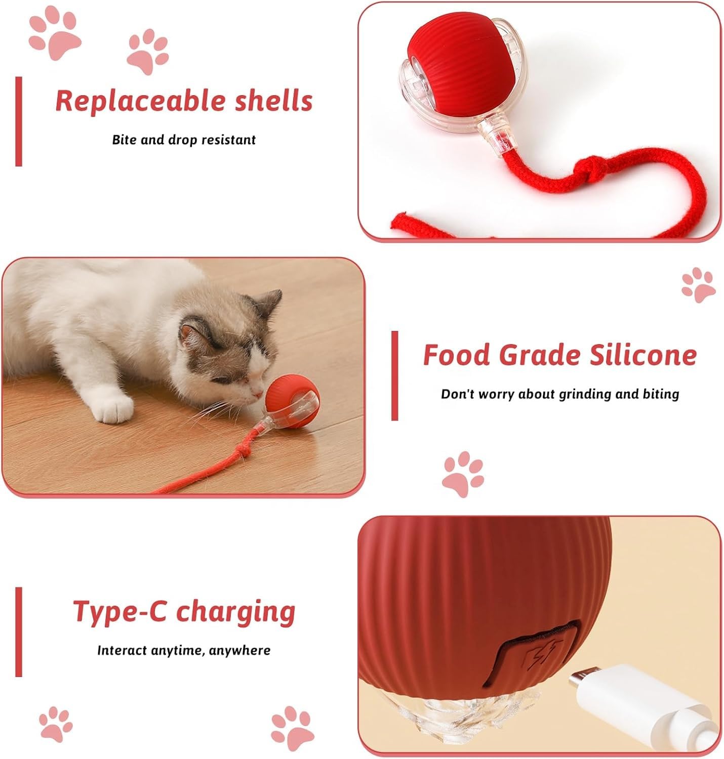 Interactive Electric Automatic Rolling Moving Rechargeable Self Play Stimulation Toy for Cats and Small Dogs - Smart Pet Chase Ball with Speedy Tail Rope for Indoor