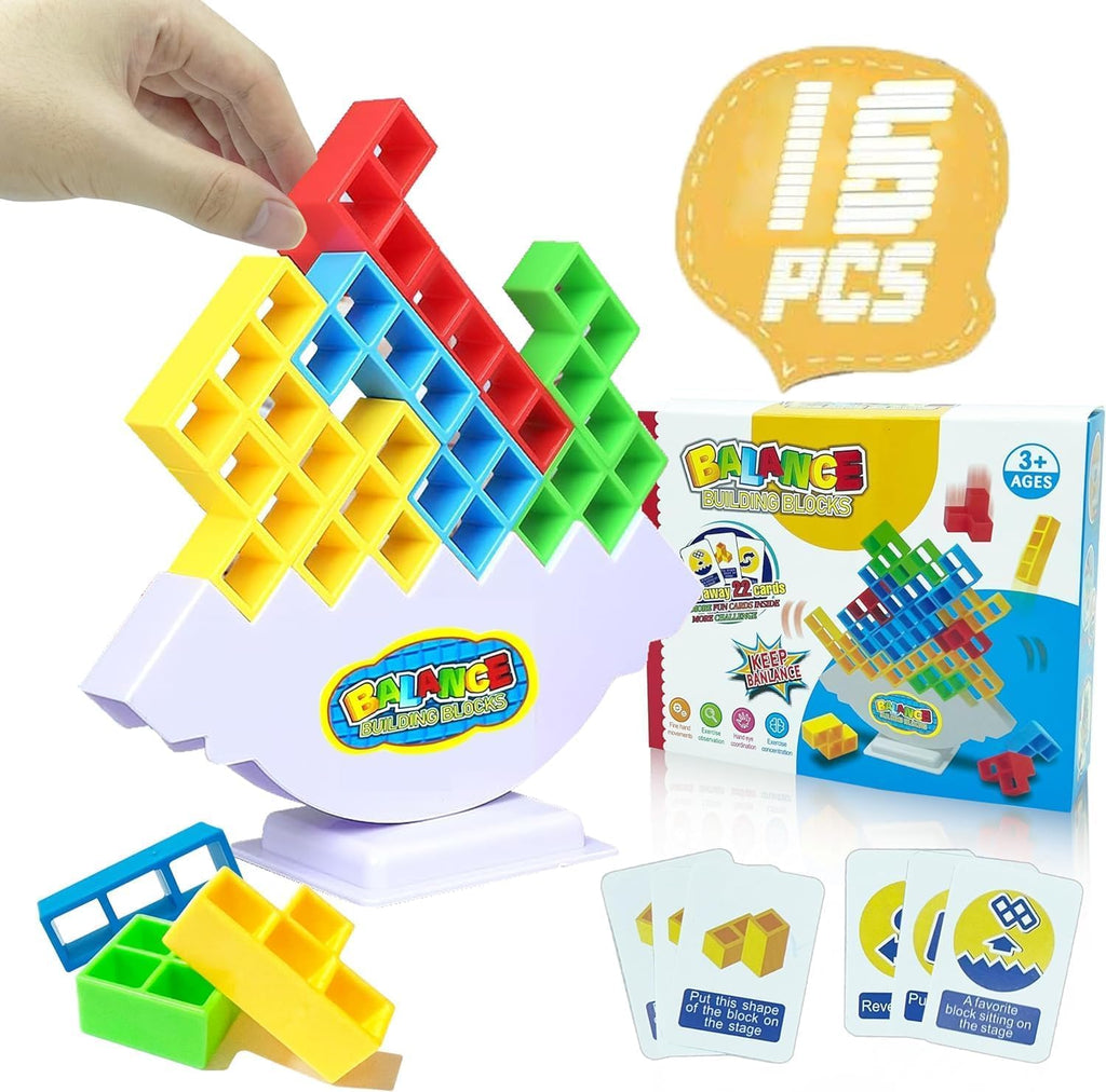 Tetra Tower Game 32 Pcs (4 Different Shapes) Stack Tower Blocks with 22 Cards, Swing Stack Balance Building Block Interactive STEM Toy