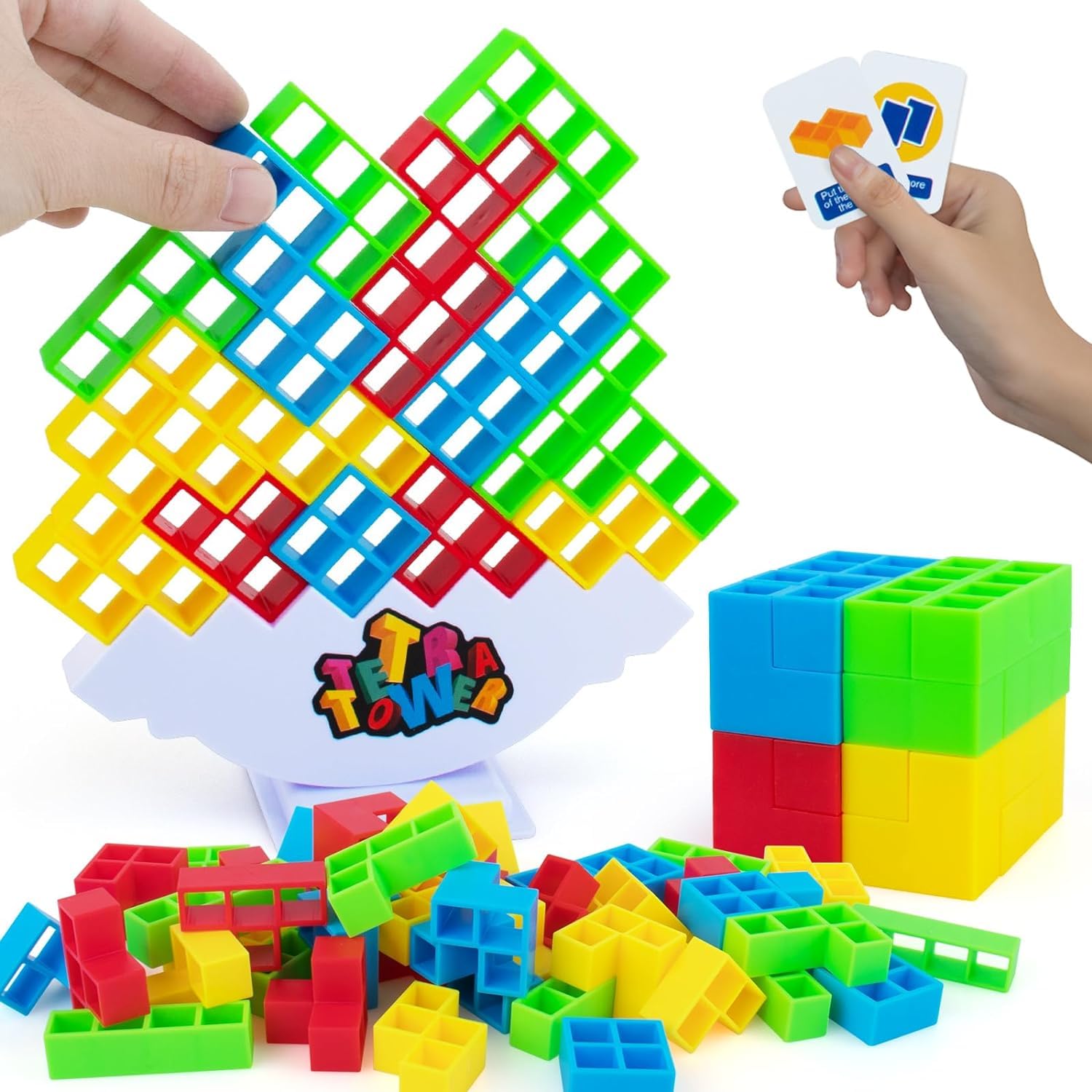 Tetra Tower Game 32 Pcs (4 Different Shapes) Stack Tower Blocks with 22 Cards, Swing Stack Balance Building Block Interactive STEM Toy