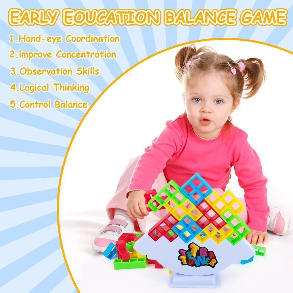 Tetra Tower Game 32 Pcs (4 Different Shapes) Stack Tower Blocks with 22 Cards, Swing Stack Balance Building Block Interactive STEM Toy