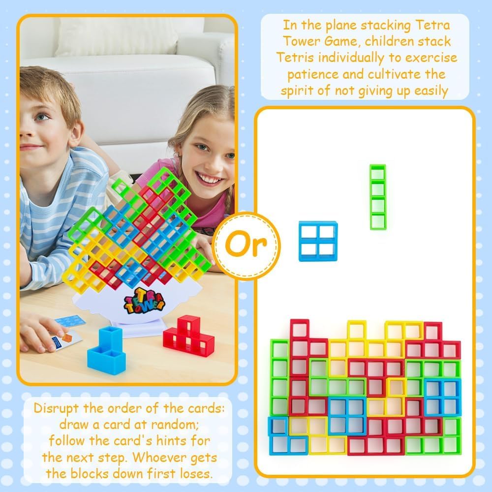 Tetra Tower Game 32 Pcs (4 Different Shapes) Stack Tower Blocks with 22 Cards, Swing Stack Balance Building Block Interactive STEM Toy