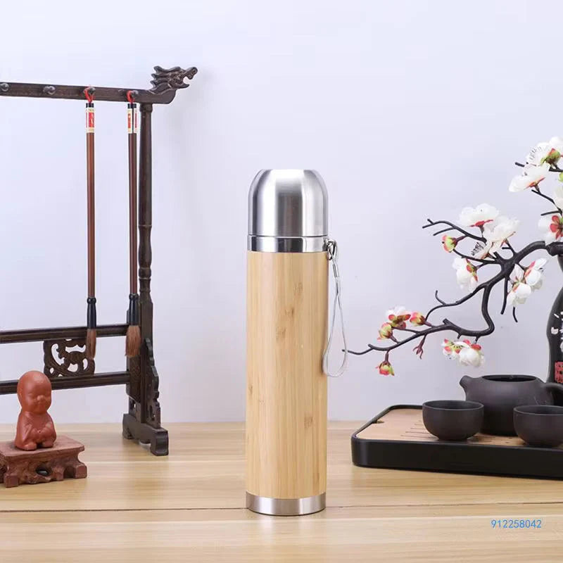 Steel Bamboo Thermos flask Hot Cold Insulated Coffee Mug For Travel 1pc Main image