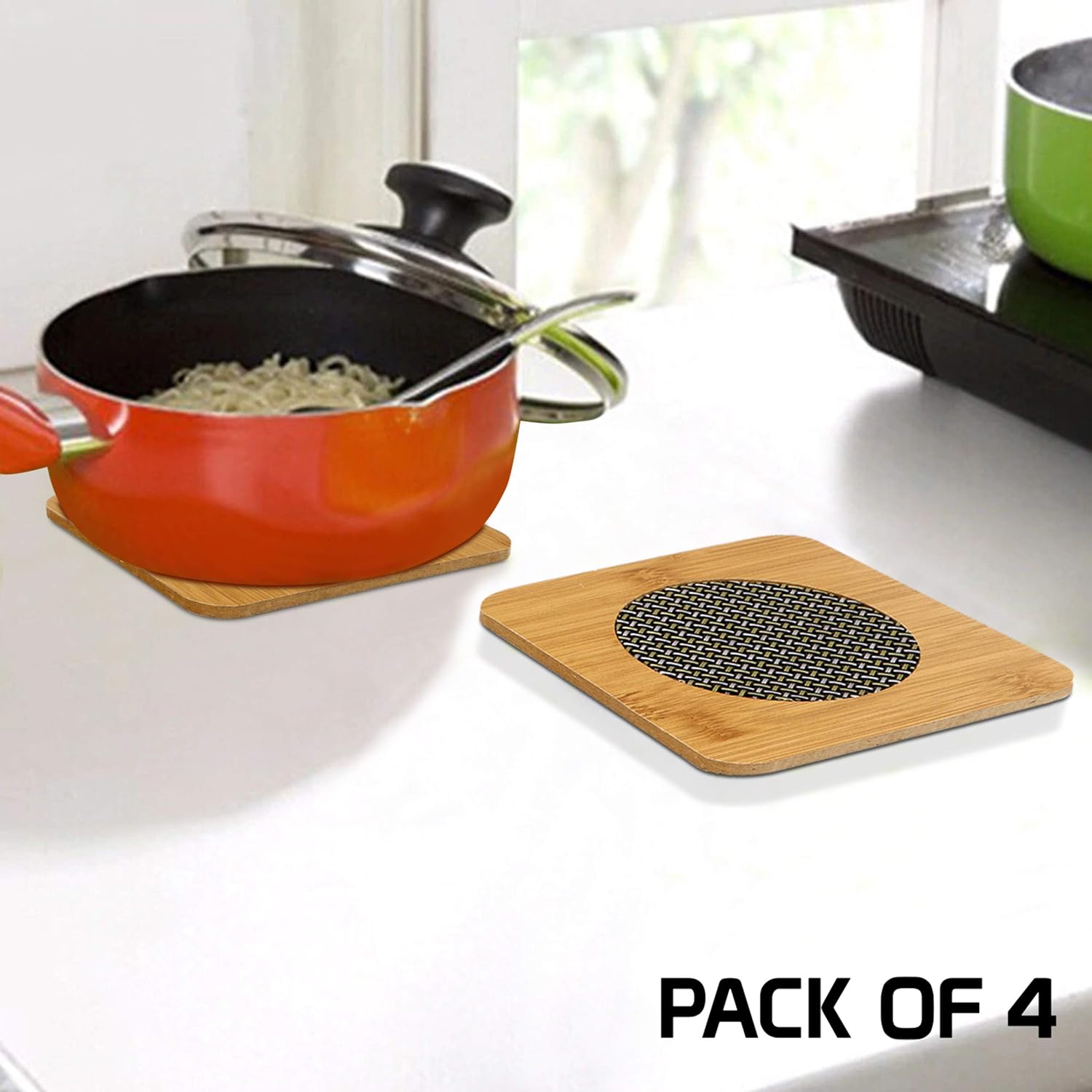 ZYOZ Eco-Friendly Bamboo Wooden Coasters for Home Pan Pot Holder for Dining Table Heat Pad for Kitchen - Pack of 4 Main image