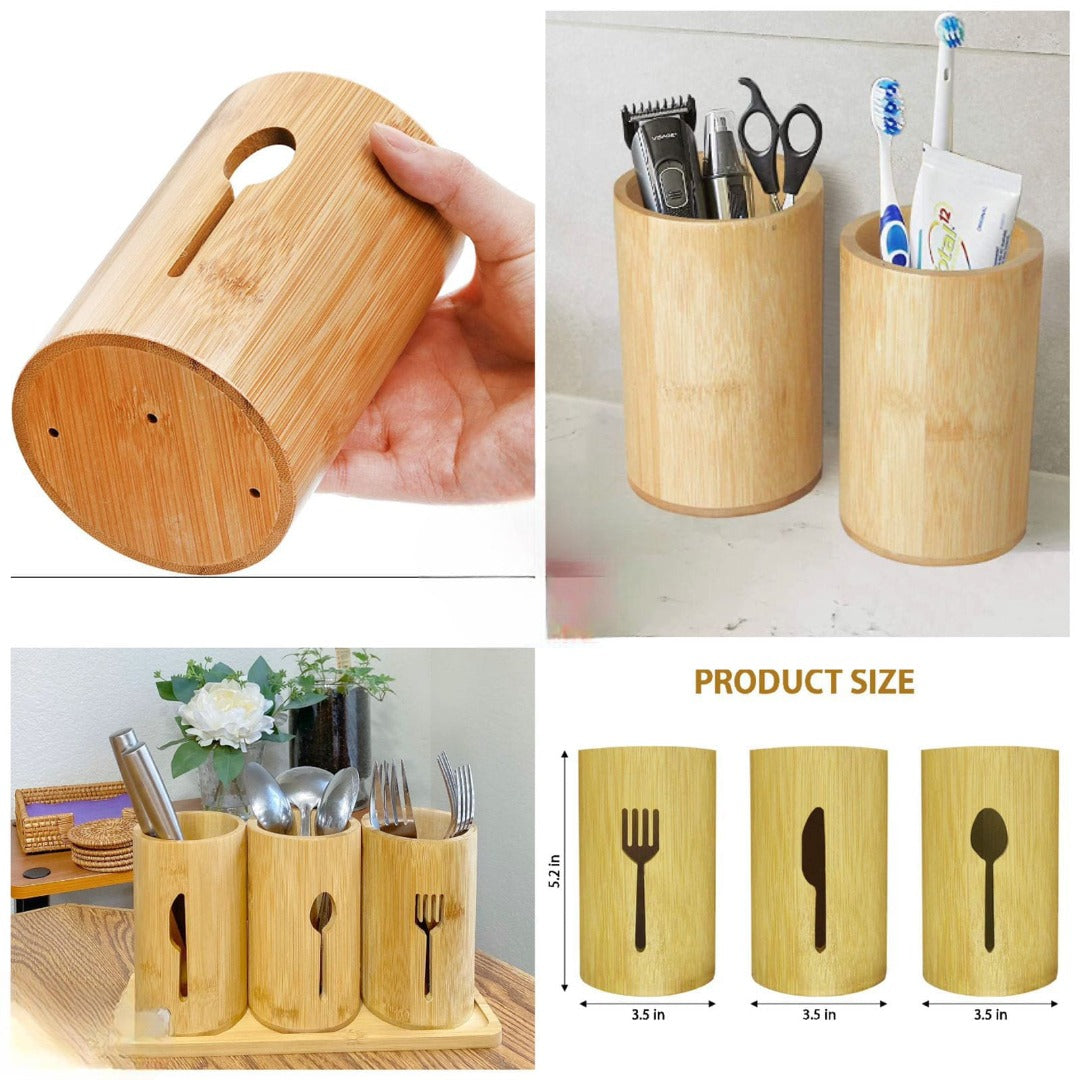 ZYOZ Natural Bamboo Cutlery Holder Set – 3-Piece Wooden Utensil Organizer Caddy with Tray for Countertop & Dining Table Secondary image