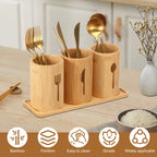 100% Natural Bamboo Cutlery Holder Set – 3-Piece Wooden Utensil Organizer Caddy with Tray for Countertop & Dining Table