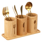 100% Natural Bamboo Cutlery Holder Set – 3-Piece Wooden Utensil Organizer Caddy with Tray for Countertop & Dining Table