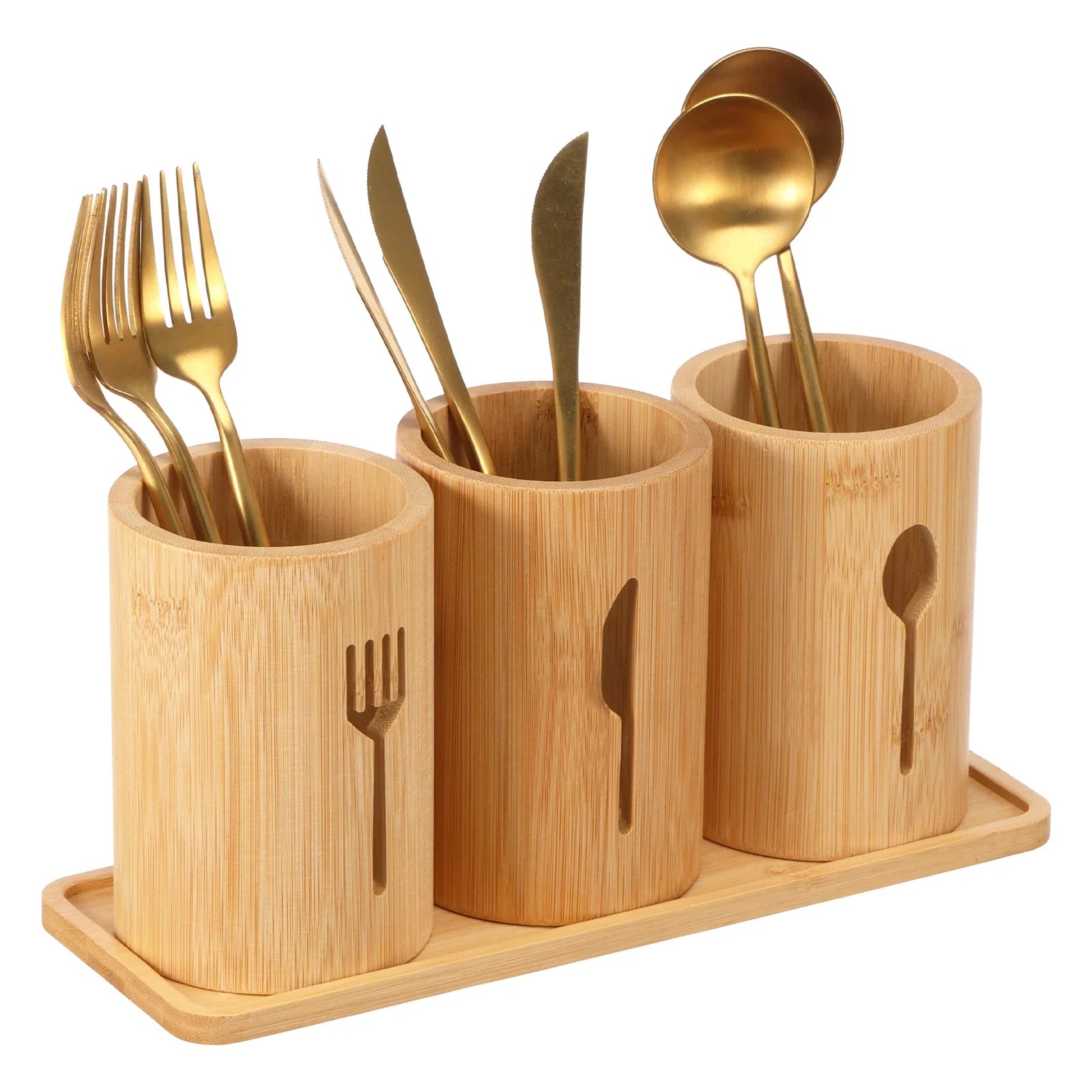 ZYOZ Natural Bamboo Cutlery Holder Set – 3-Piece Wooden Utensil Organizer Caddy with Tray for Countertop & Dining Table Main image