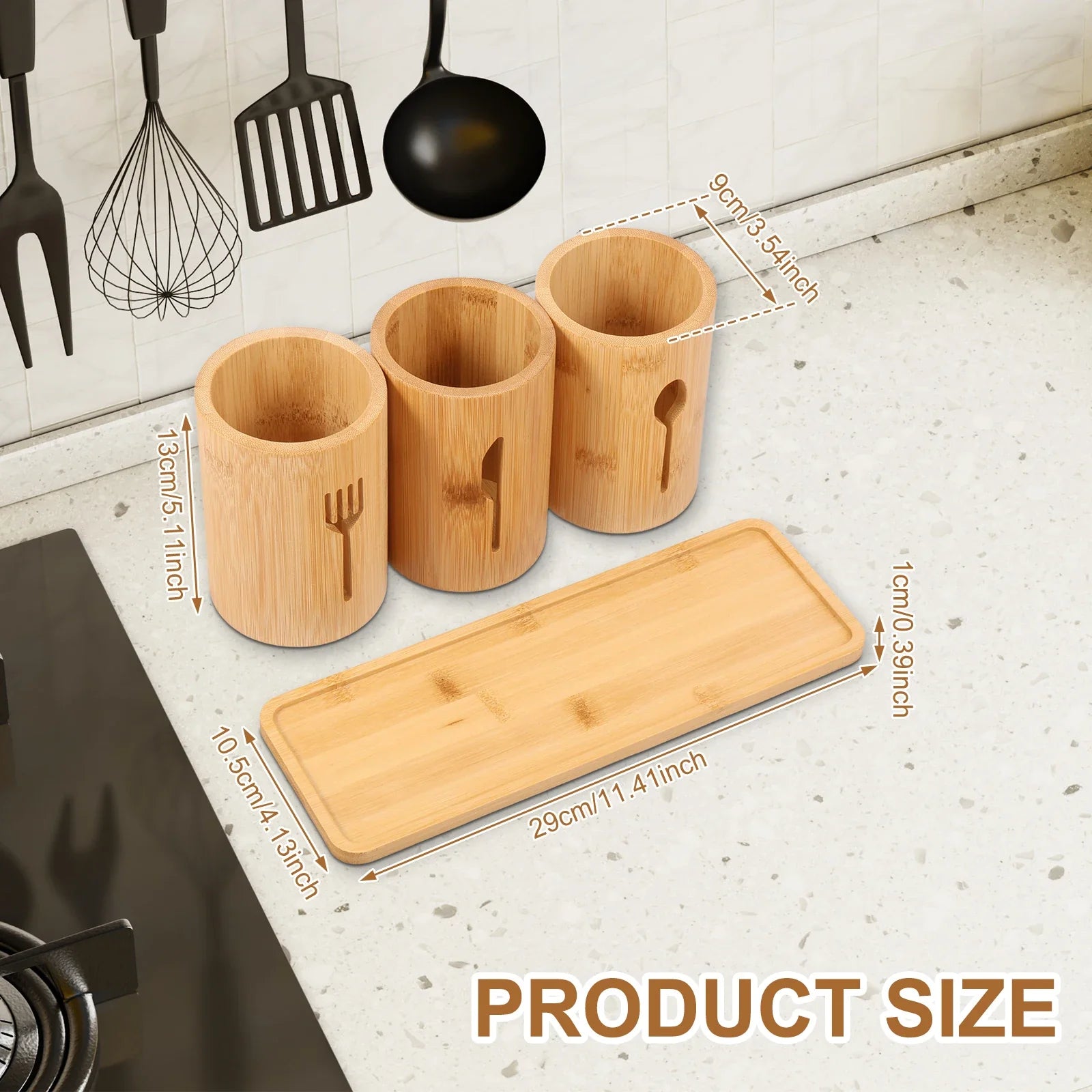 100% Natural Bamboo Cutlery Holder Set – 3-Piece Wooden Utensil Organizer Caddy with Tray for Countertop & Dining Table