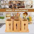 100% Natural Bamboo Cutlery Holder Set – 3-Piece Wooden Utensil Organizer Caddy with Tray for Countertop & Dining Table