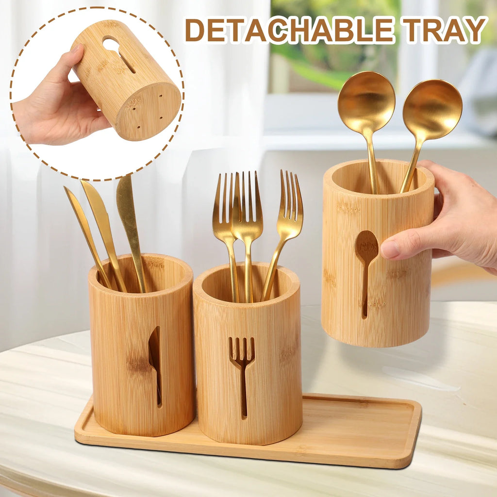 100% Natural Bamboo Cutlery Holder Set – 3-Piece Wooden Utensil Organizer Caddy with Tray for Countertop & Dining Table