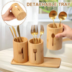 100% Natural Bamboo Cutlery Holder Set – 3-Piece Wooden Utensil Organizer Caddy with Tray for Countertop & Dining Table