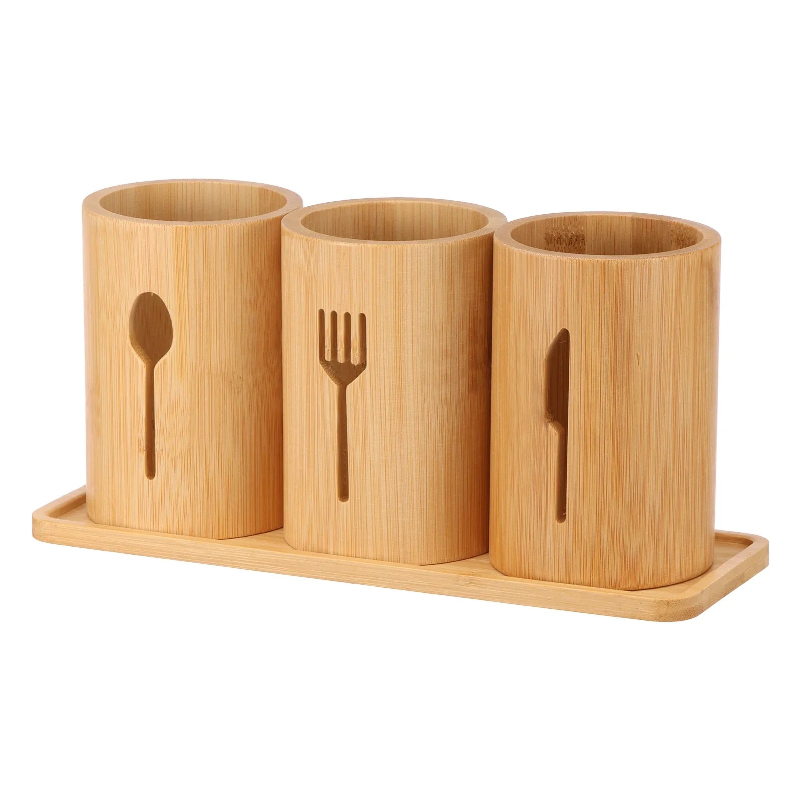 100% Natural Bamboo Cutlery Holder Set – 3-Piece Wooden Utensil Organizer Caddy with Tray for Countertop & Dining Table