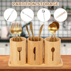 100% Natural Bamboo Cutlery Holder Set – 3-Piece Wooden Utensil Organizer Caddy with Tray for Countertop & Dining Table