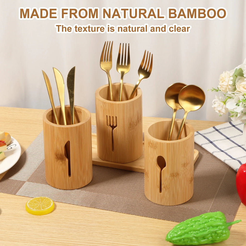 100% Natural Bamboo Cutlery Holder Set – 3-Piece Wooden Utensil Organizer Caddy with Tray for Countertop & Dining Table