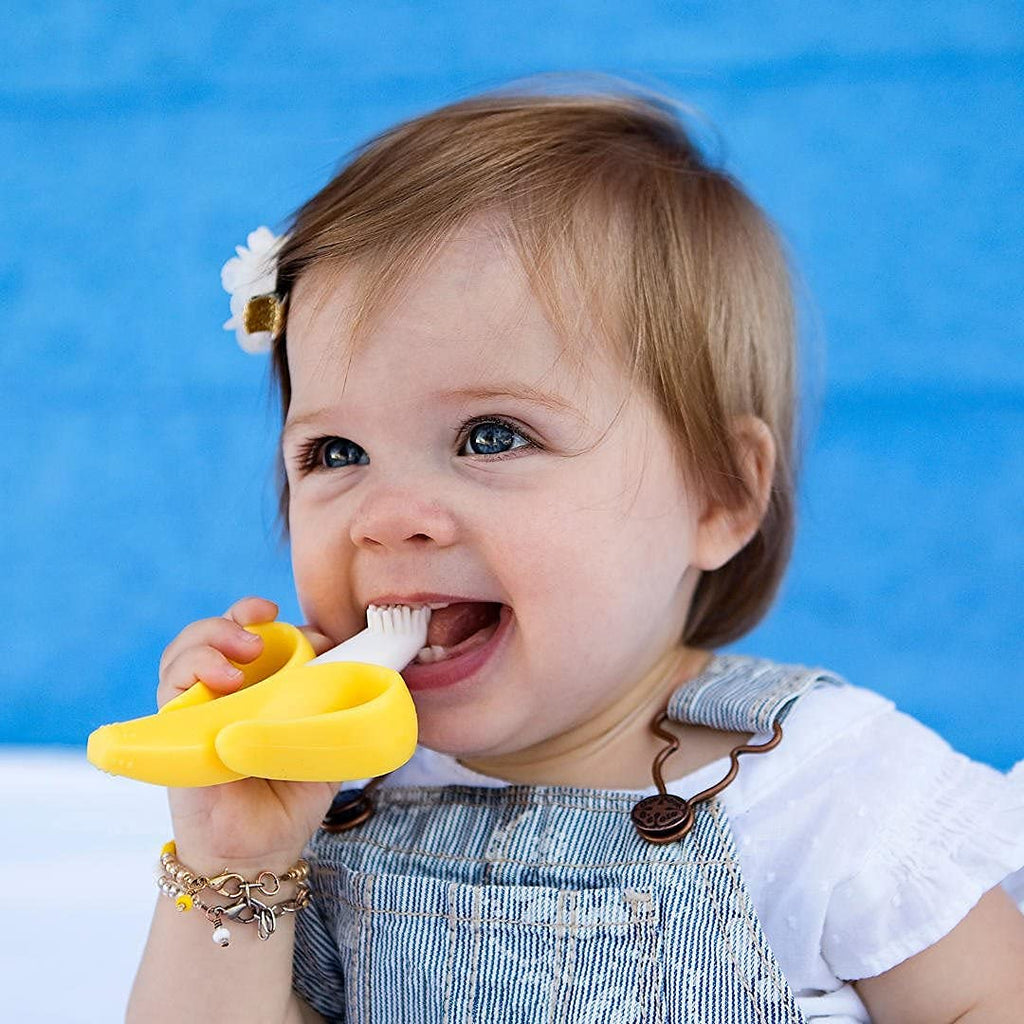 Silicone Baby Banana Teether & Infant Toothbrush, Ergonomic Grip And Dust-Resistant (Yellow)