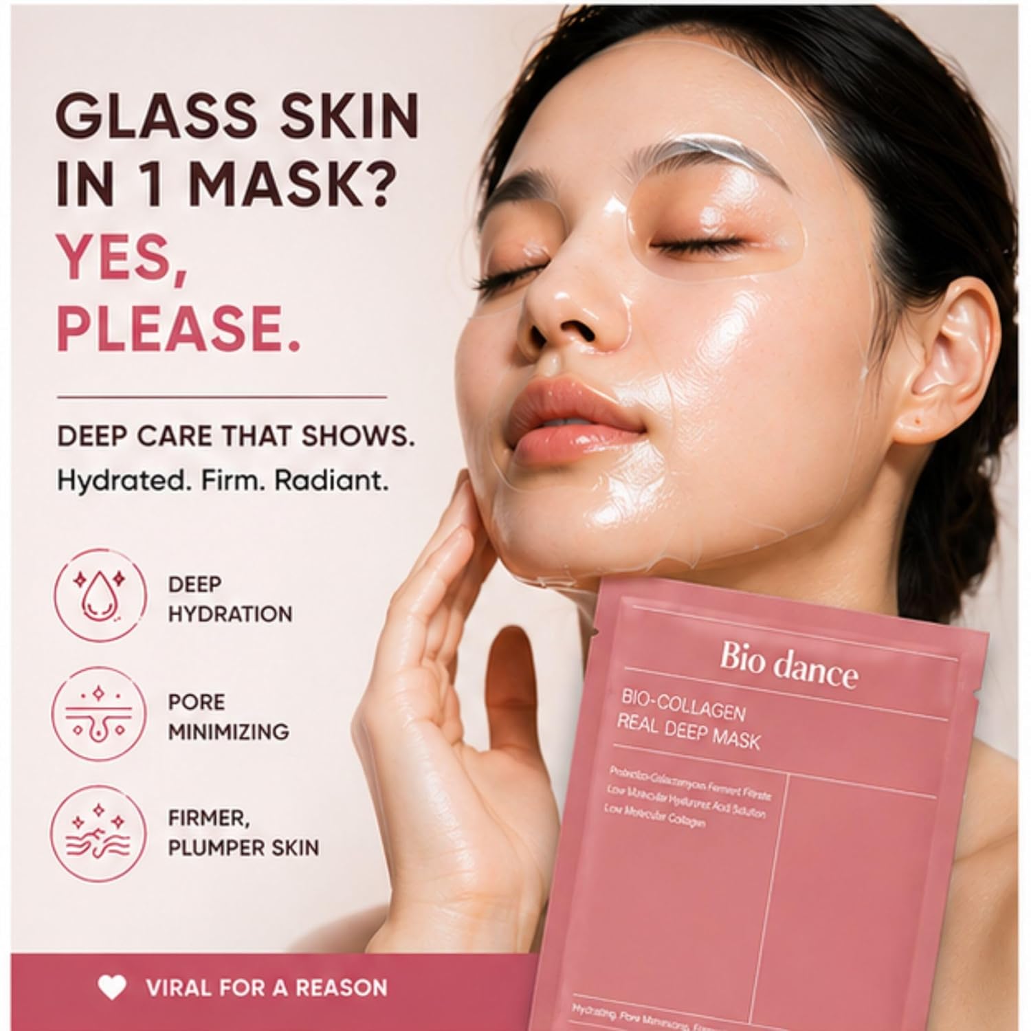 Bio Dance Korean Skincare Bio-Collagen Real Deep Mask, Hydrating, Pore Minimizing, Firming, with Hyaluronic Acid and Collagen