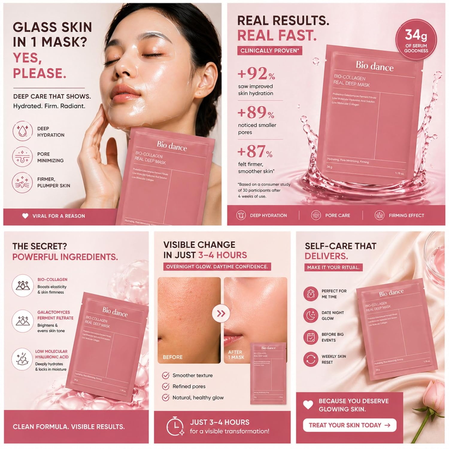 Bio Dance Korean Skincare Bio-Collagen Real Deep Mask, Hydrating, Pore Minimizing, Firming, with Hyaluronic Acid and Collagen