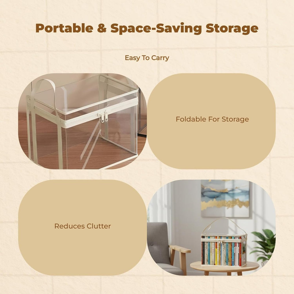 Book Storage Box, Transparent Organizer, Dustproof, Large Capacity, Foldable Black 32x24x25cm