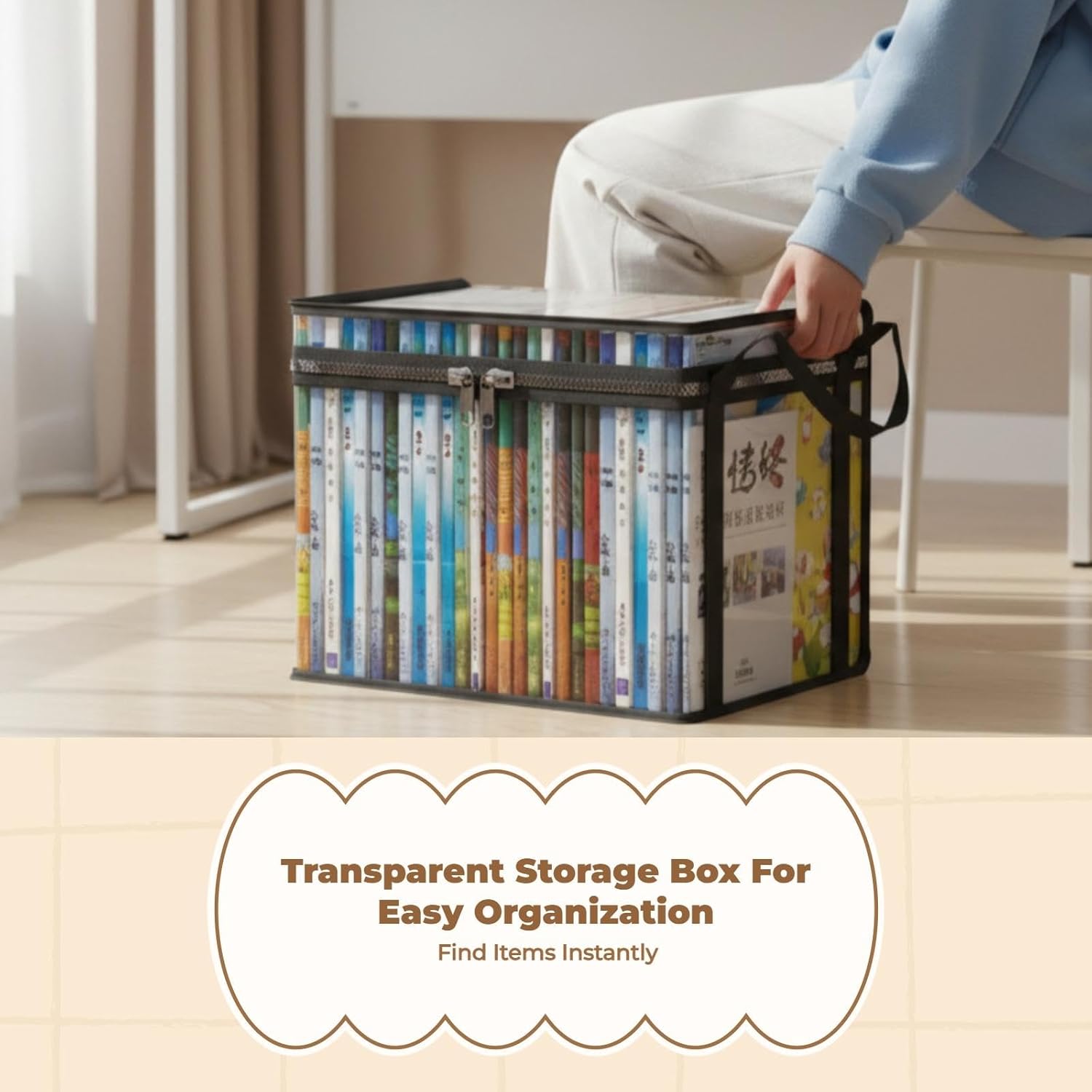 Book Storage Box, Transparent Organizer, Dustproof, Large Capacity, Foldable Black 32x24x25cm
