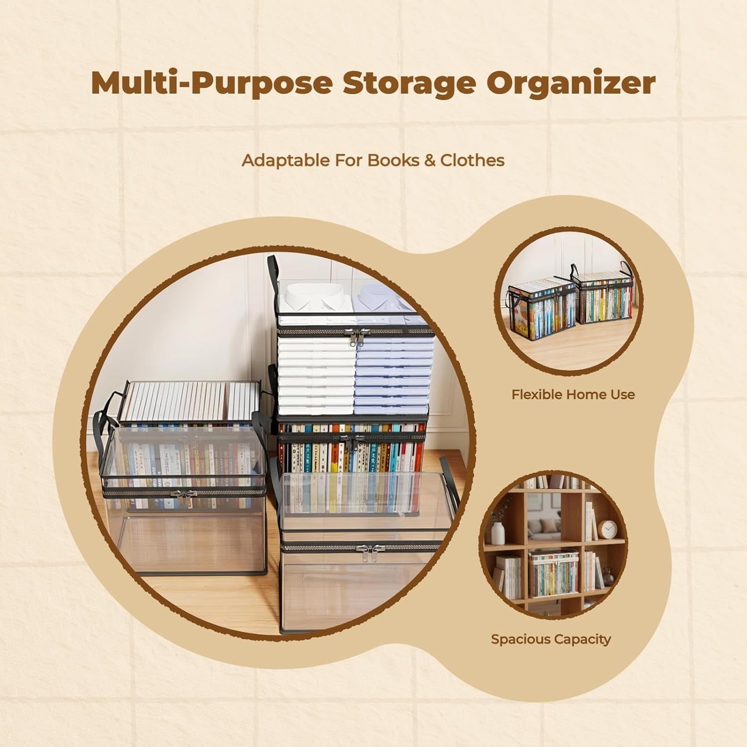 Book Storage Box, Transparent Organizer, Dustproof, Large Capacity, Foldable Black 32x24x25cm