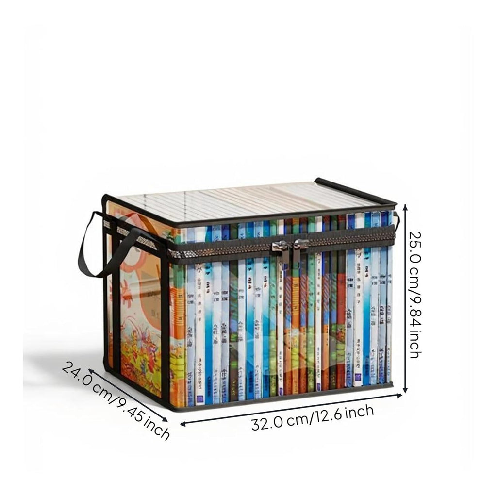 Book Storage Box, Transparent Organizer, Dustproof, Large Capacity, Foldable Black 32x24x25cm