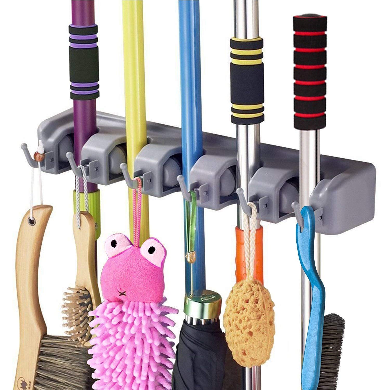 Broom Holder Wall Mounted, Mop Holder for Wall, Broom Stick Holder Mounted Stand, Storage Broomstick Brush Mount Organizer with Hanger Hooks (5 Slot 6 Hooks)- Grey, Polypropylene Main image