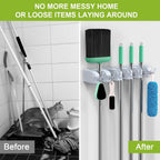 Broom Holder Wall Mounted, Mop Holder for Wall, Broom Stick Holder Mounted Stand, Storage Broomstick Brush Mount Organizer with Hanger Hooks (5 Slot 6 Hooks)- Grey, Polypropylene