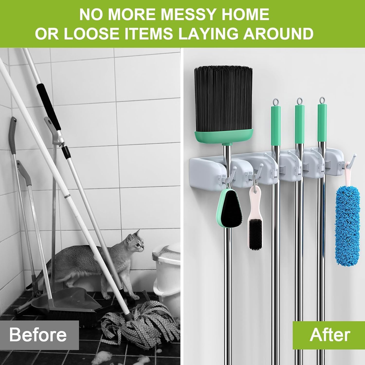 Broom Holder Wall Mounted, Mop Holder for Wall, Broom Stick Holder Mounted Stand, Storage Broomstick Brush Mount Organizer with Hanger Hooks (5 Slot 6 Hooks)- Grey, Polypropylene