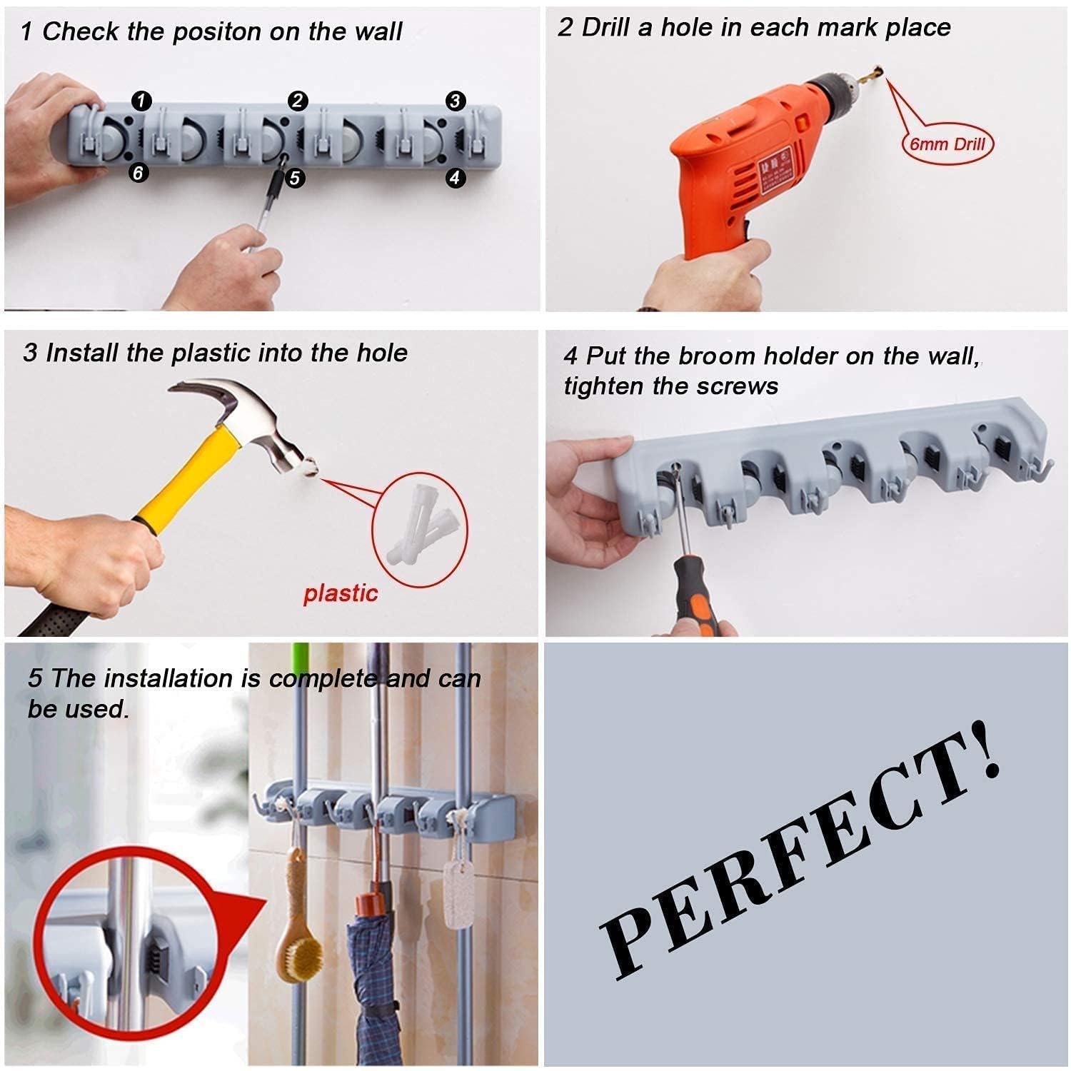 Broom Holder Wall Mounted, Mop Holder for Wall, Broom Stick Holder Mounted Stand, Storage Broomstick Brush Mount Organizer with Hanger Hooks (5 Slot 6 Hooks)- Grey, Polypropylene