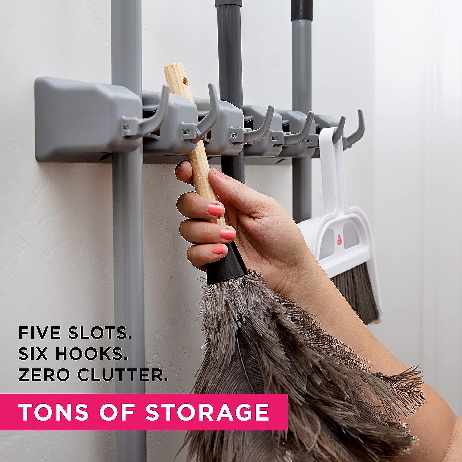 Broom Holder Wall Mounted, Mop Holder for Wall, Broom Stick Holder Mounted Stand, Storage Broomstick Brush Mount Organizer with Hanger Hooks (5 Slot 6 Hooks)- Grey, Polypropylene