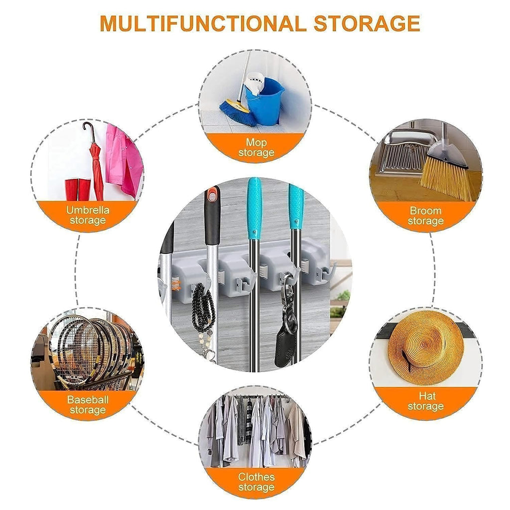 Broom Holder Wall Mounted, Mop Holder for Wall, Broom Stick Holder Mounted Stand, Storage Broomstick Brush Mount Organizer with Hanger Hooks (5 Slot 6 Hooks)- Grey, Polypropylene