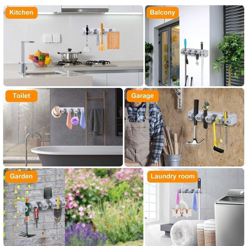 Broom Holder Wall Mounted, Mop Holder for Wall, Broom Stick Holder Mounted Stand, Storage Broomstick Brush Mount Organizer with Hanger Hooks (5 Slot 6 Hooks)- Grey, Polypropylene
