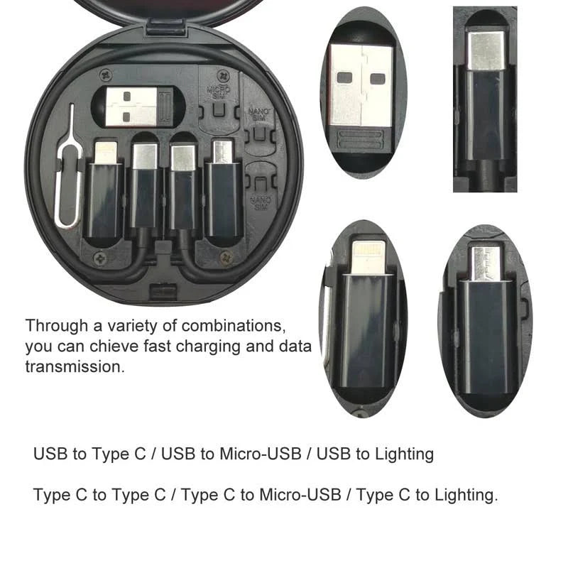 Multifunctional USB Data Cable Set, Storage Box with Multi USB Charging Adapter Cable Kit Micro USB A Type C Lighting, Charging and Data Transfer Cable Kit, Card Storage, Tray Eject Pin.