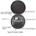 Multifunctional USB Data Cable Set, Storage Box with Multi USB Charging Adapter Cable Kit Micro USB A Type C Lighting, Charging and Data Transfer Cable Kit, Card Storage, Tray Eject Pin.