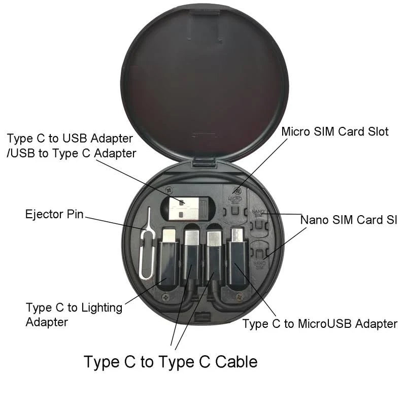Multifunctional USB Data Cable Set, Storage Box with Multi USB Charging Adapter Cable Kit Micro USB A Type C Lighting, Charging and Data Transfer Cable Kit, Card Storage, Tray Eject Pin.