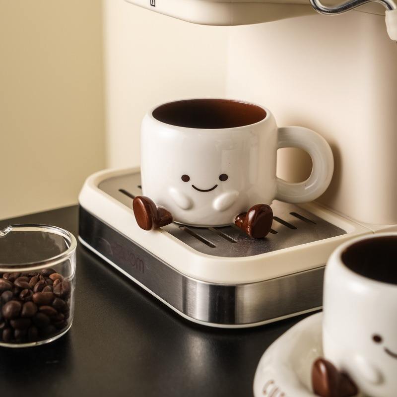 YOZ Cute Ceramic Coffee Mug with Saucer Set, 200ml Novelty Kawaii Espresso Cup with Little Feet, Unique Tea Cup & Snack Plate Set for Home, Office, and Gifting