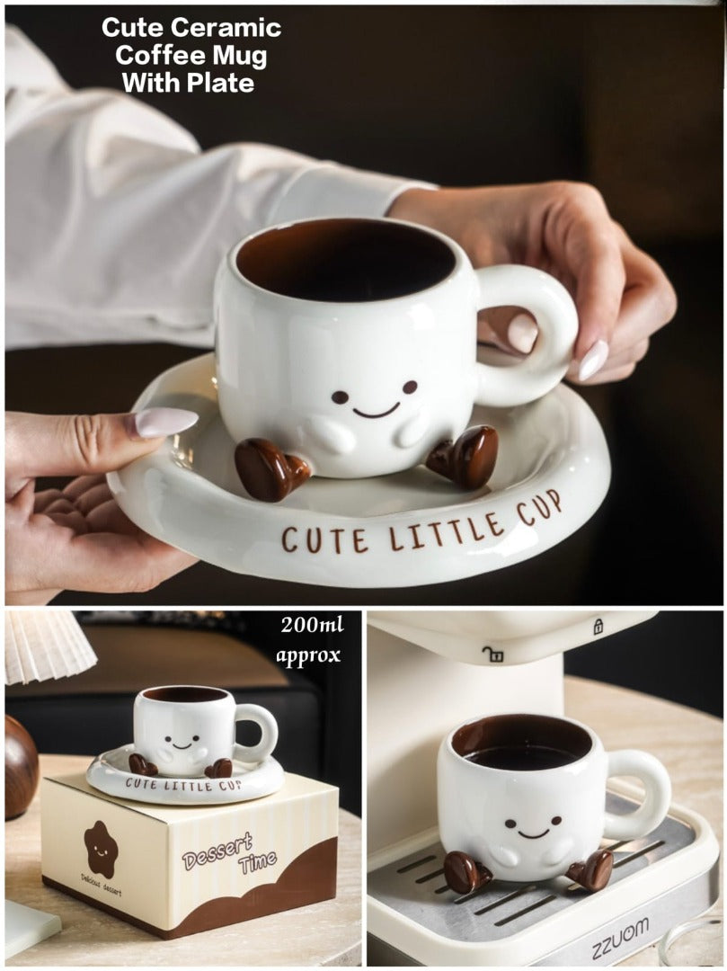 ZYOZ 3D Cartoon Smiley Face Ceramic Cup and Saucer Set , 200ml Novelty Kawaii Espresso Cup with Little Feet, Unique Tea Cup & Snack Plate Set for Home, Office, and Gifting Secondary image