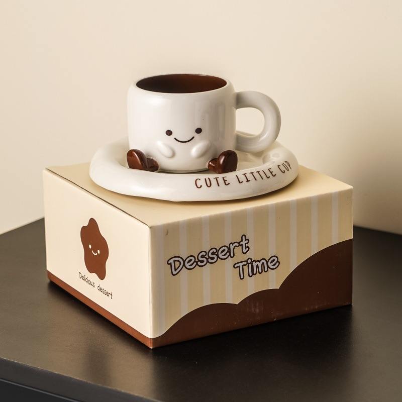 YOZ Cute Ceramic Coffee Mug with Saucer Set, 200ml Novelty Kawaii Espresso Cup with Little Feet, Unique Tea Cup & Snack Plate Set for Home, Office, and Gifting