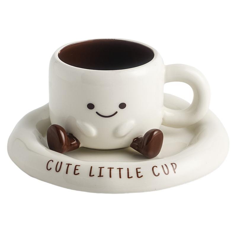 ZYOZ 3D Cartoon Smiley Face Ceramic Cup and Saucer Set , 200ml Novelty Kawaii Espresso Cup with Little Feet, Unique Tea Cup & Snack Plate Set for Home, Office, and Gifting Main image
