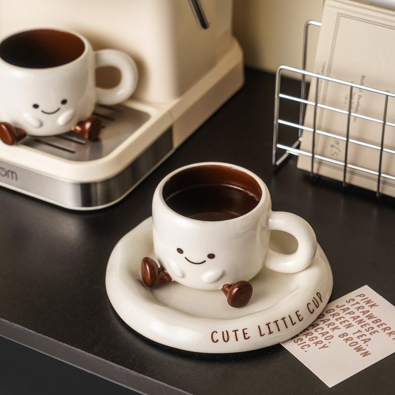 YOZ Cute Ceramic Coffee Mug with Saucer Set, 200ml Novelty Kawaii Espresso Cup with Little Feet, Unique Tea Cup & Snack Plate Set for Home, Office, and Gifting