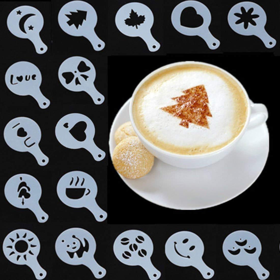 ZYOZ First Try 16 Pack Barista Coffee Stencils Latte Art Stencils Cappuccino Templates For Coffee Decorating, Cookie Icing, Cake, Cupcake Decor | Food Grade Pp, Various Patterns Main image