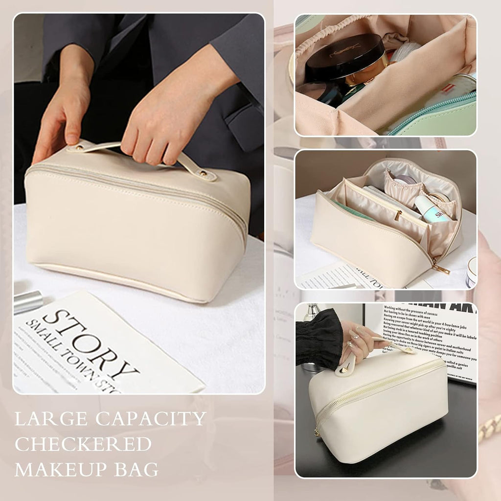Large Capacity Travel Cosmetic Bag With Handle And Divider - Multifunctional Makeup Bag For Easy Access, Waterproof- (Cream), 10 cm