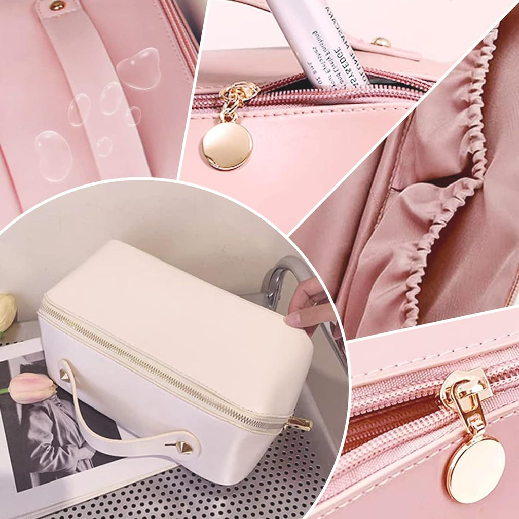 Large Capacity Travel Cosmetic Bag With Handle And Divider - Multifunctional Makeup Bag For Easy Access, Waterproof- (Cream), 10 cm