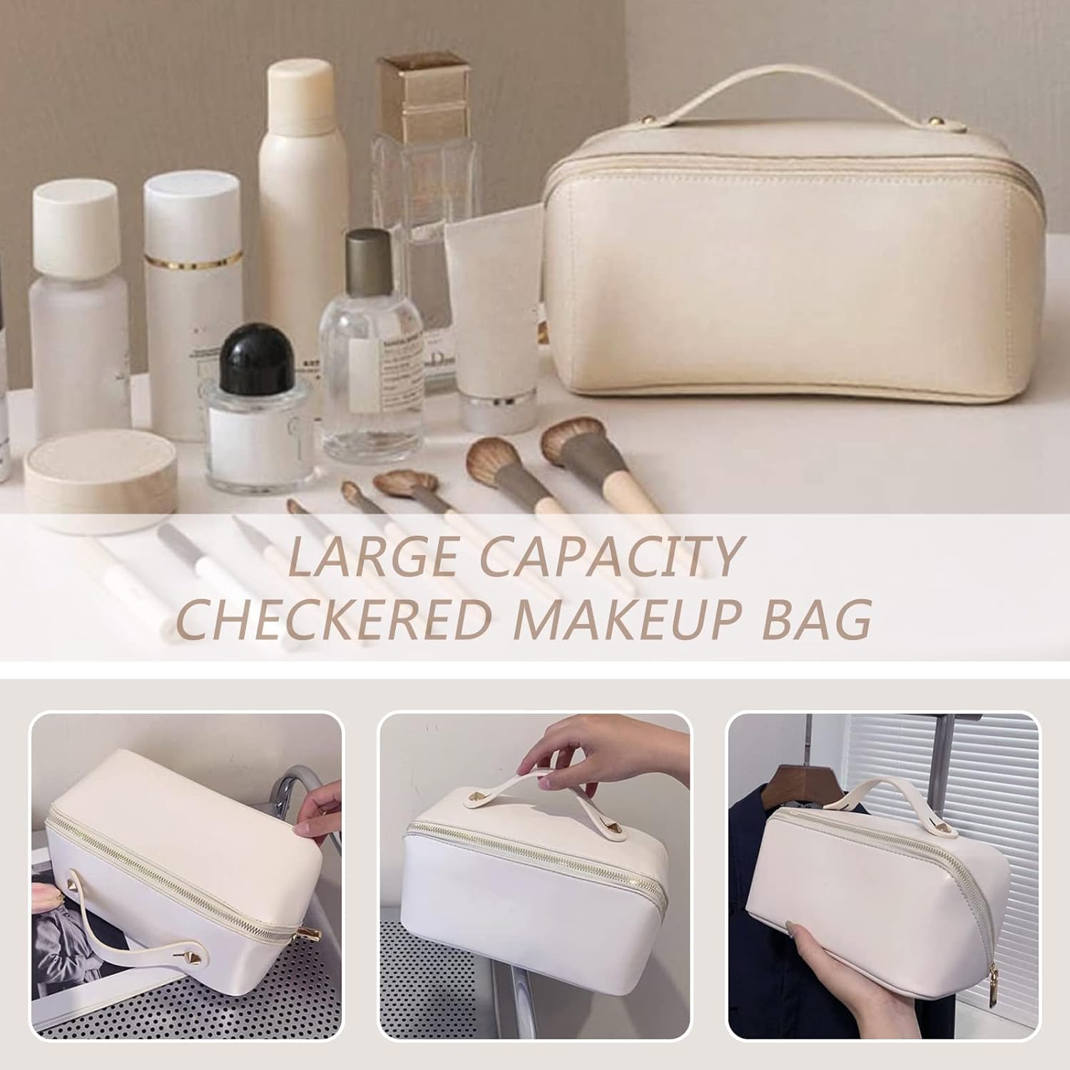 Large Capacity Travel Cosmetic Bag With Handle And Divider - Multifunctional Makeup Bag For Easy Access, Waterproof- (Cream), 10 cm